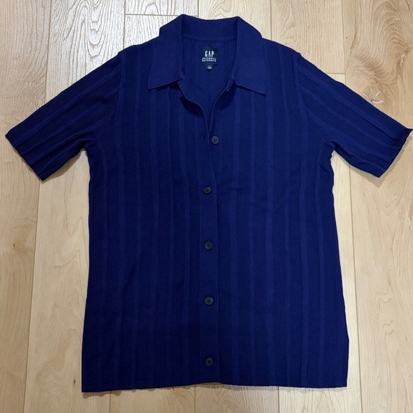 GAP Maternity Ribbed Button Front Polo Shirt, Twilight Navy, sz S - Picture 2 of 11